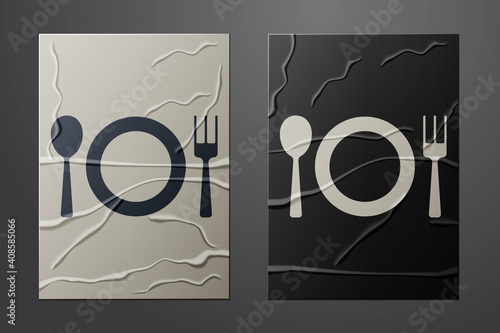 White Plate, fork and knife icon isolated on crumpled paper background. Cutlery symbol. Restaurant sign. Paper art style. Vector.