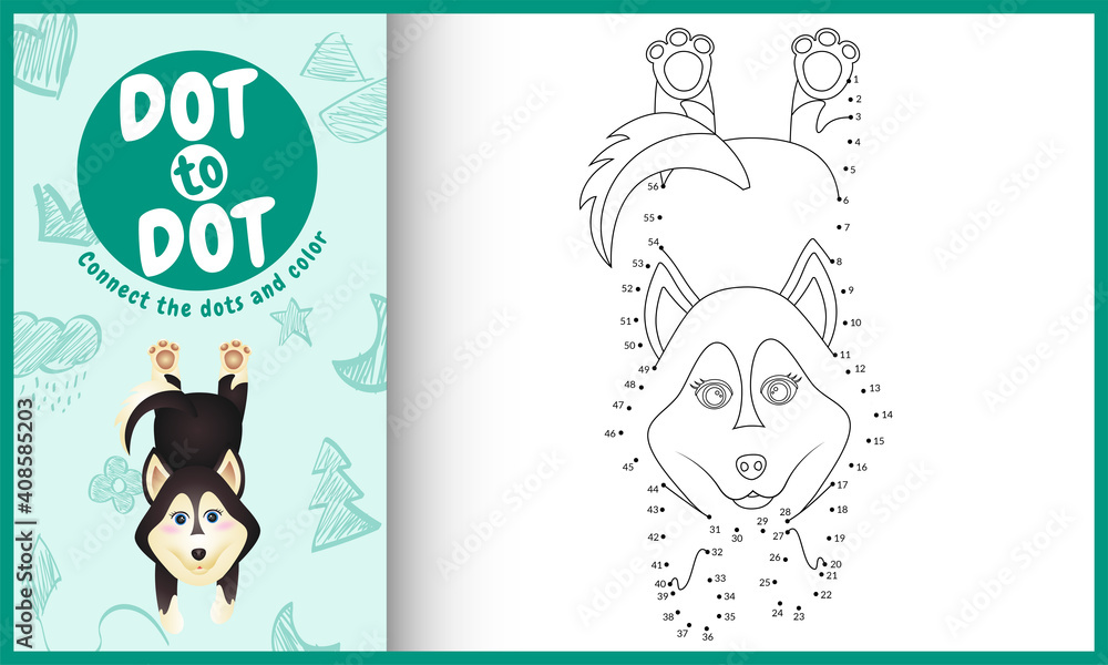 Connect the dots kids game and coloring page with a cute husky dog character illustration Connect the dots kids game and coloring page with a cute husky dog character illustration