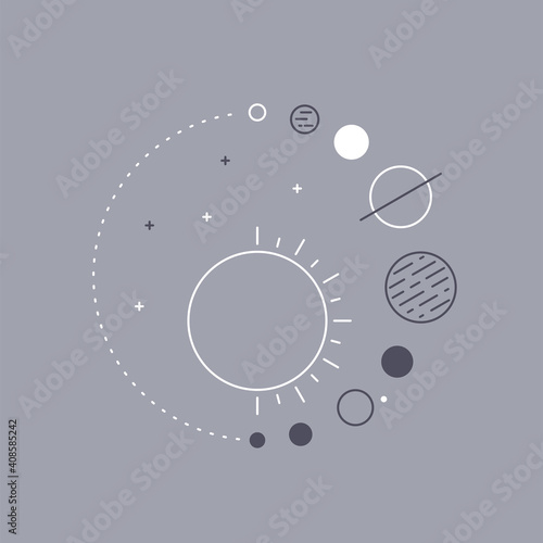 Illustration of a planet around the Sun. Solar system icons, logo template, tattoo