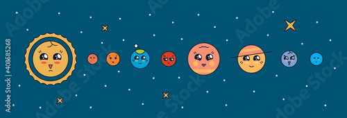 Funny solar system. Live cute planets. The structure of the solar system for children.
