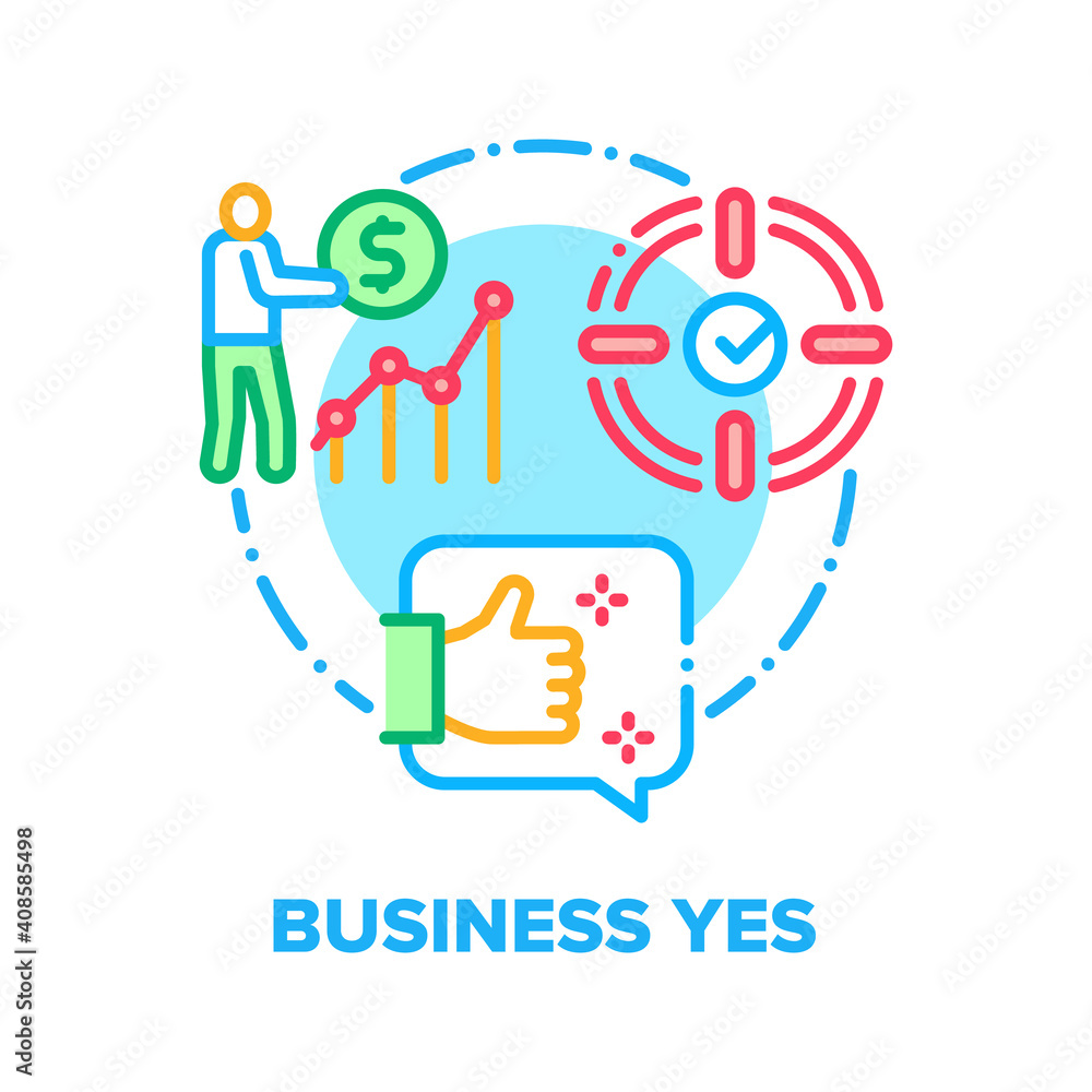 Business Yes Vector Icon Concept. Target Execution And Success Worked Job, Growth Statistic And Employee Finance, Successful Feedback Business And Professional Achievement Color Illustration Business Yes Vector Icon Concept. Target Execution And Success Worked Job, Growth Statistic And Employee Finance, Successful Feedback Business And Professional Achievement Color Illustration