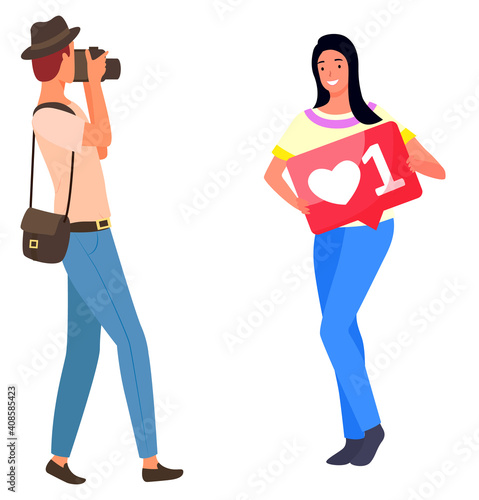 Photographer with photo camera and woman posing with flower, photosession vector. Girl and man taking picture, spring photoshooting. Photo for social media