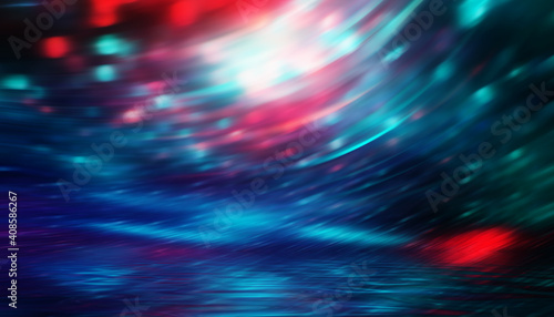 Dark abstract background. Neon multicolored light reflects on the water. Beach party  light show. Blurry lights glisten on the surface. 3d illustration