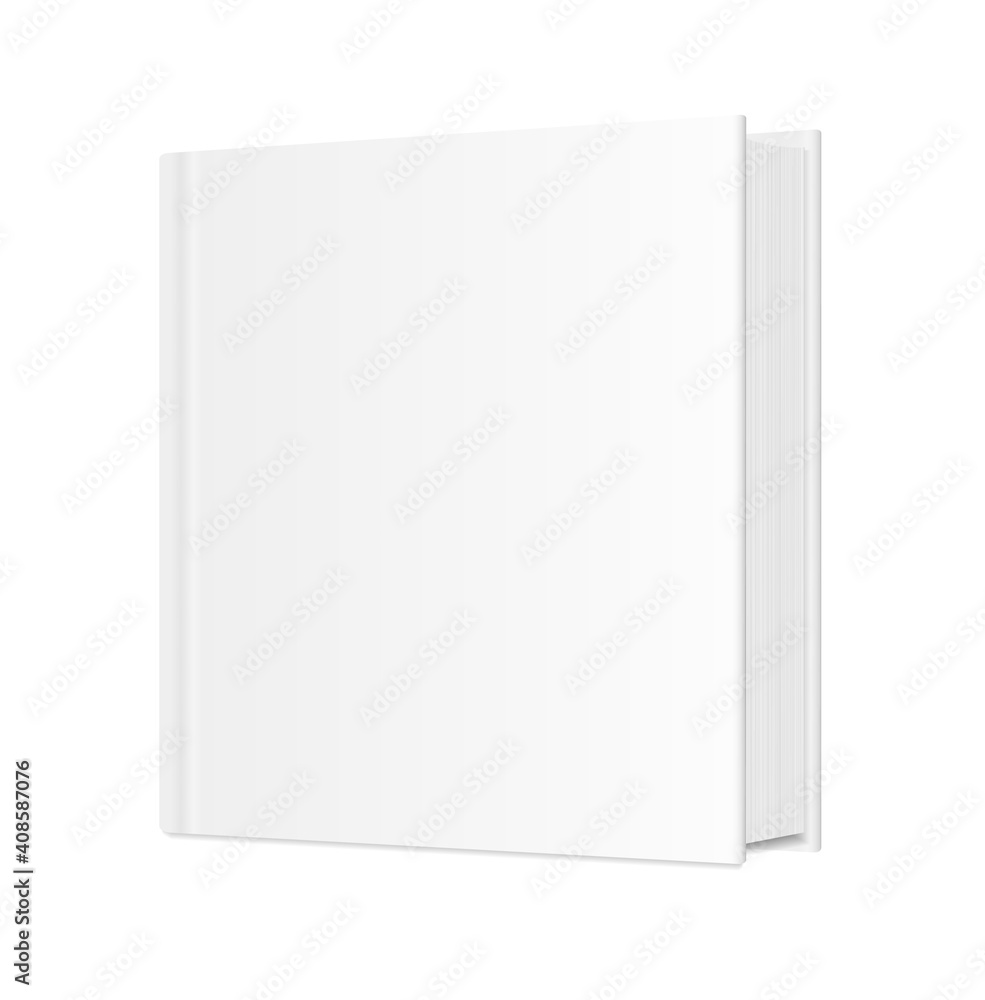 Square Book Mockup. 3d Vector Realistic. Empty Template. Standing closed book with white hardcover. Blank Magazine, album, catalog or diary on white background. EPS10.