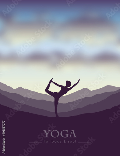 girl makes yoga on mountain landscape at beautiful sunset vector illustration EPS10