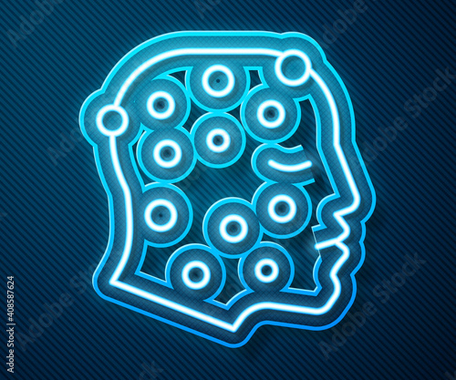 Glowing neon line Face with psoriasis or eczema rash icon isolated on blue background. Concept of human skin response to allergen or chronic body problem. Vector.