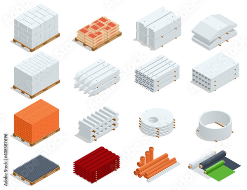 Isometric building products icons. Ferro-concrete items, Concrete elements, pipes, iron roof, cement, concrete and brick