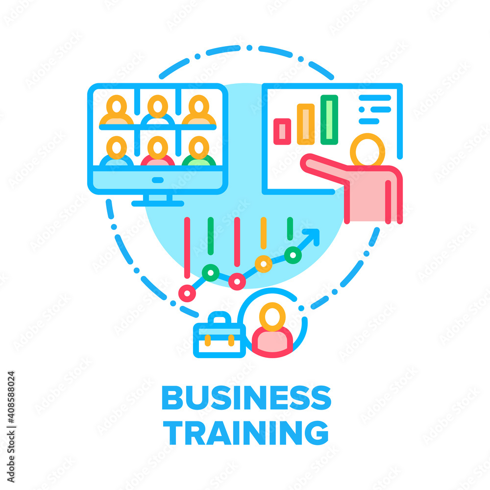 Business Training Webinar Vector Icon Concept. Online Educational Webinar, Video Call Communication With Students And Teacher, Online Business And Financial Courses Color Illustration
