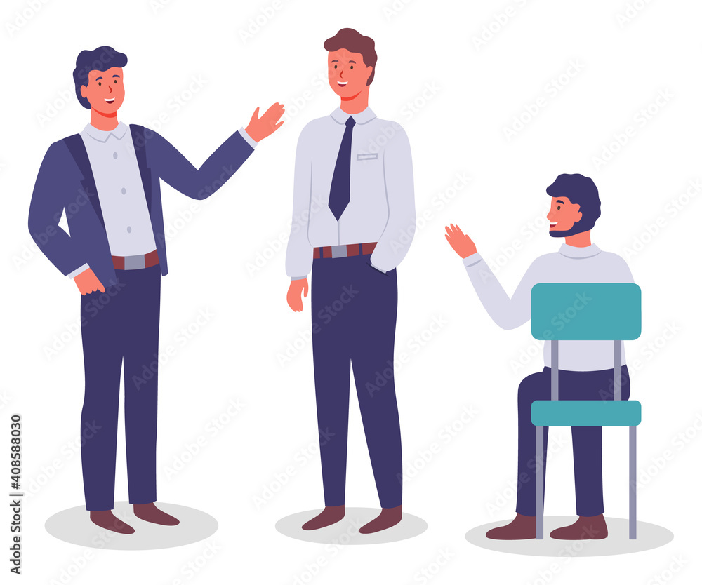 Collection of vector cartoon characters. Executive businessmen talking, gesturing, waving hands. Business meeting. Young man sitting at chair. Set of office workers communicating, isolated at white Collection of vector cartoon characters. Executive businessmen talking, gesturing, waving hands. Business meeting. Young man sitting at chair. Set of office workers communicating, isolated at white