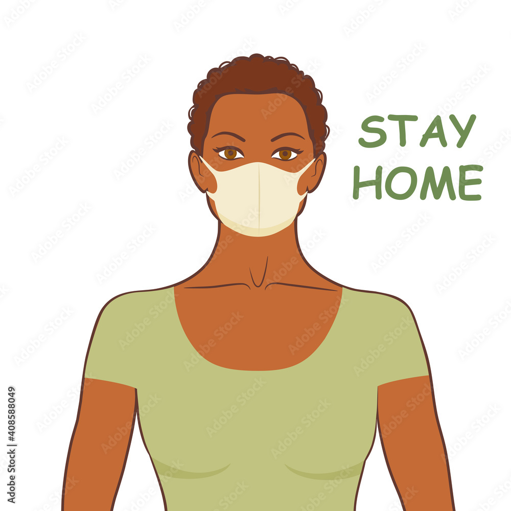 Vector illustration of woman in medicine mask. New coronavirus (Covid-19). Concept of coronavirus quarantine. Health care and flu protection. Stay home text.