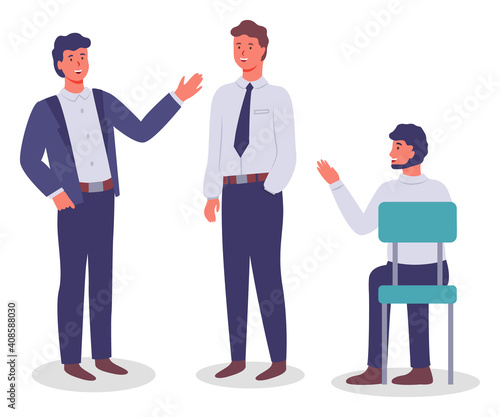 Collection of vector cartoon characters. Executive businessmen talking, gesturing, waving hands. Business meeting. Young man sitting at chair. Set of office workers communicating, isolated at white