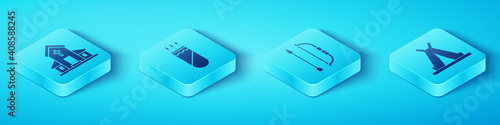 Set Isometric Church building, Quiver with arrows, Indian teepee or wigwam and Bow and arrow in quiver icon. Vector.