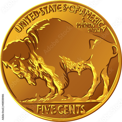 American copper-nickel money 5 Cent Coin, Reverse of Buffalo nickel with American Bison