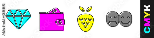 Set Diamond, Wallet with money, Casino slot machine with strawberry and Poker player icon. Vector.