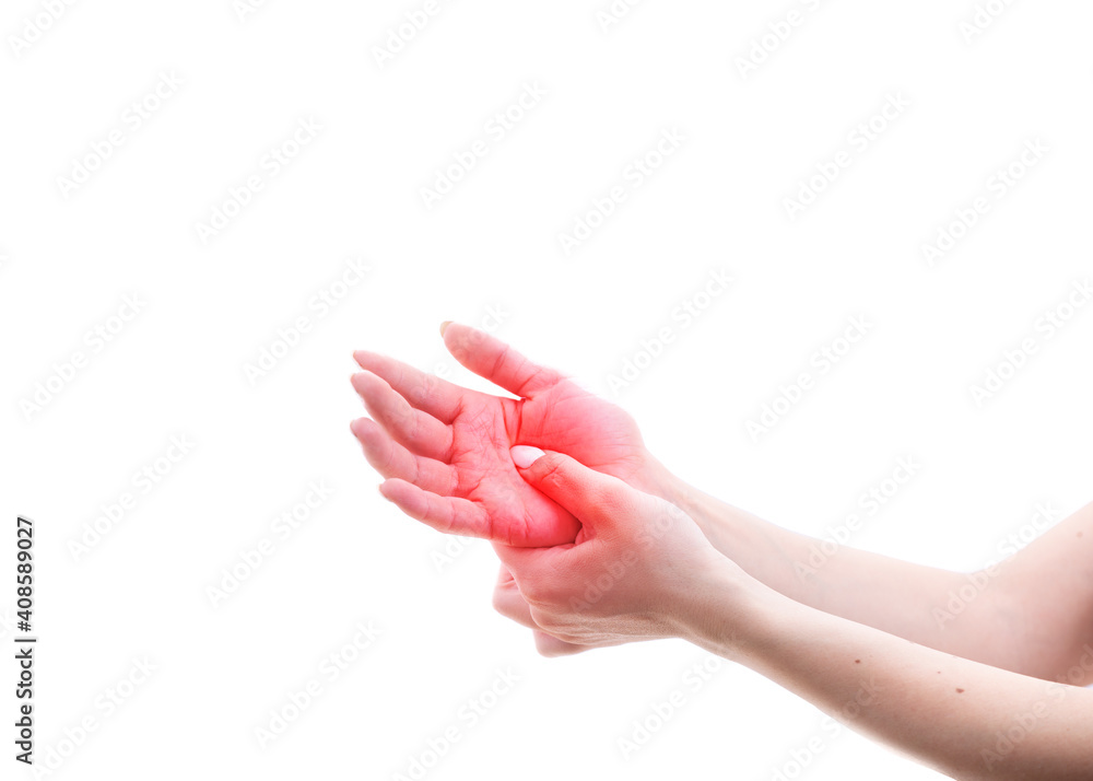 The woman's palm hurts. A damaged female hand hurts. Hands suffer from