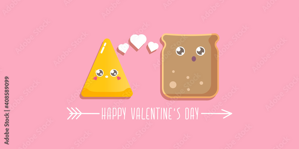 vector cartoon cute bread man character with cheese girl character isolated on pink background. valentines day comic funky kids poster or horizontal banner with funky food couple. Better together vector cartoon cute bread man character with cheese girl character isolated on pink background. valentines day comic funky kids poster or horizontal banner with funky food couple. Better together