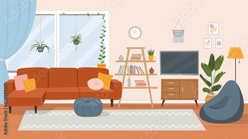 Living room interior. Comfortable sofa, TV,  window, chair and house plants. Vector flat cartoon illustration.