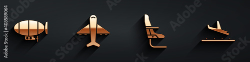 Set Airship, Plane, Airplane seat and Plane landing icon with long shadow. Vector.