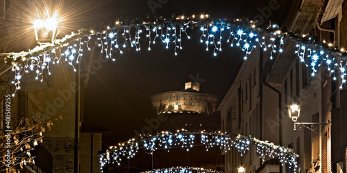 January 29, 2021, Quattro Castella, Italy. The castle of Bianello in the Christmas lights photo