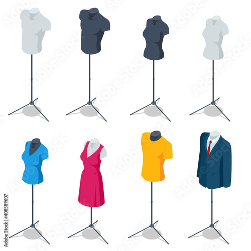 Isometric Male and Female Mannequin Dress Form Torso Tripod Stand Display. Set of realistic human mannequins isolated on white background.