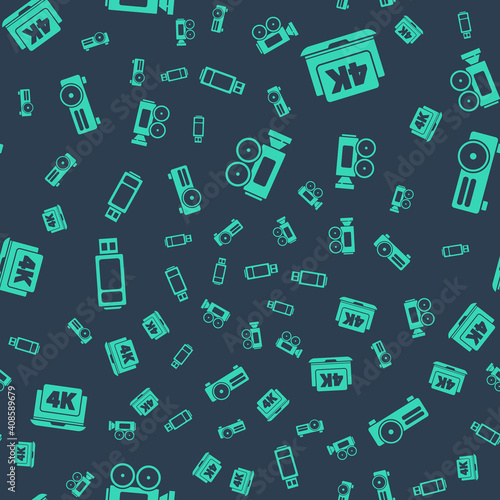 Set Cinema camera, Laptop with 4k video, USB flash drive and Movie, film, media projector on seamless pattern. Vector.