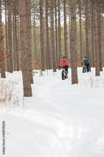 Obraz na płótnie Group of attractive women riding fat bikes in the snow w salonie