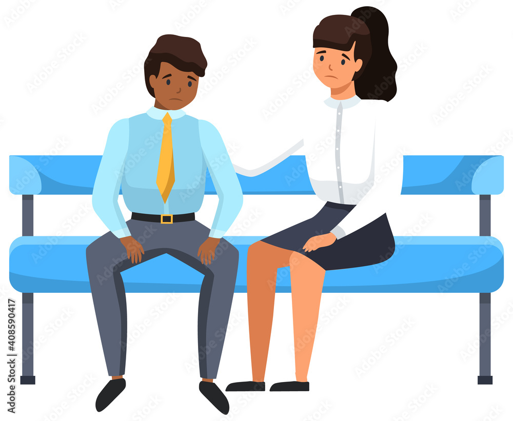 Man and woman sitting on the bench isolated on white upset business people in sad feeling emotional concept. A colleague consoles a frustrated employee. Problems at work and in career, staff reduction