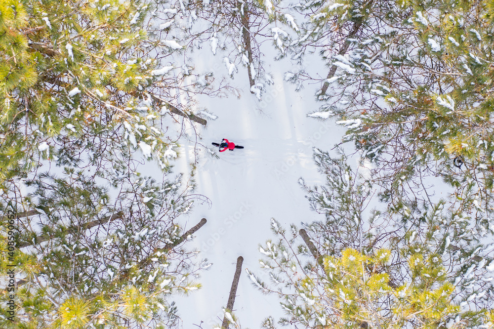 Aerial photo of a group riding fat bikes in the snow