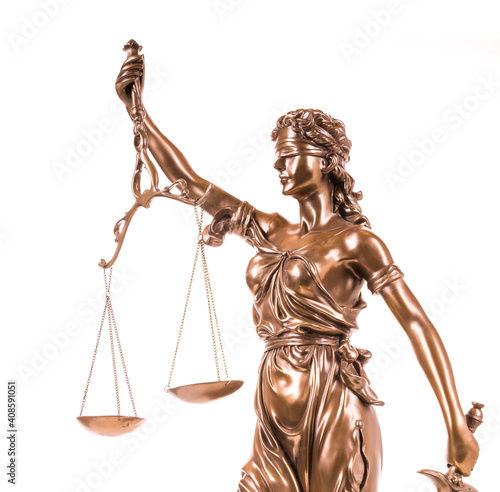 Statue of justice isolated on white, law concept photo