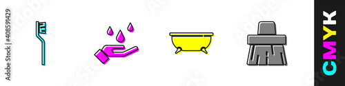 Set Toothbrush, Washing hands with soap, Bathtub and Handle broom icon. Vector.