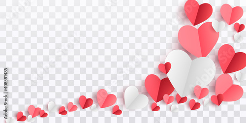 Valentines hearts postcard. Paper flying elements on transparent background. Vector symbols of love in shape of heart for Happy Women's, Mother's, Valentine's Day, birthday greeting card design. PNG .