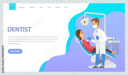 Program landing page template. Dental treatment via the Internet. Online consultation with a dentist. Doctor treats the teeth. Girl lies in the medical chair. Web Site for communication with physician
