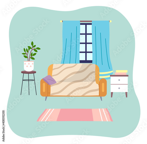 Living room interior design flat vector illustration. Arrangement of furniture and layout of premises in the apartment. Furniture equipment of rooms. Glazed window with blue curtains and a soft couch