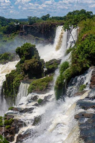 Wonderful vivid landscape of Iguazu Falls with water streams falling down among verdant vegetation