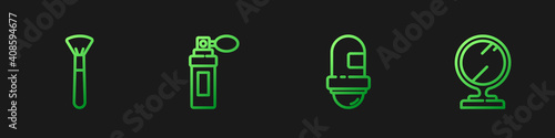 Set line Antiperspirant deodorant roll, Makeup brush, Perfume and Round makeup mirror. Gradient color icons. Vector.