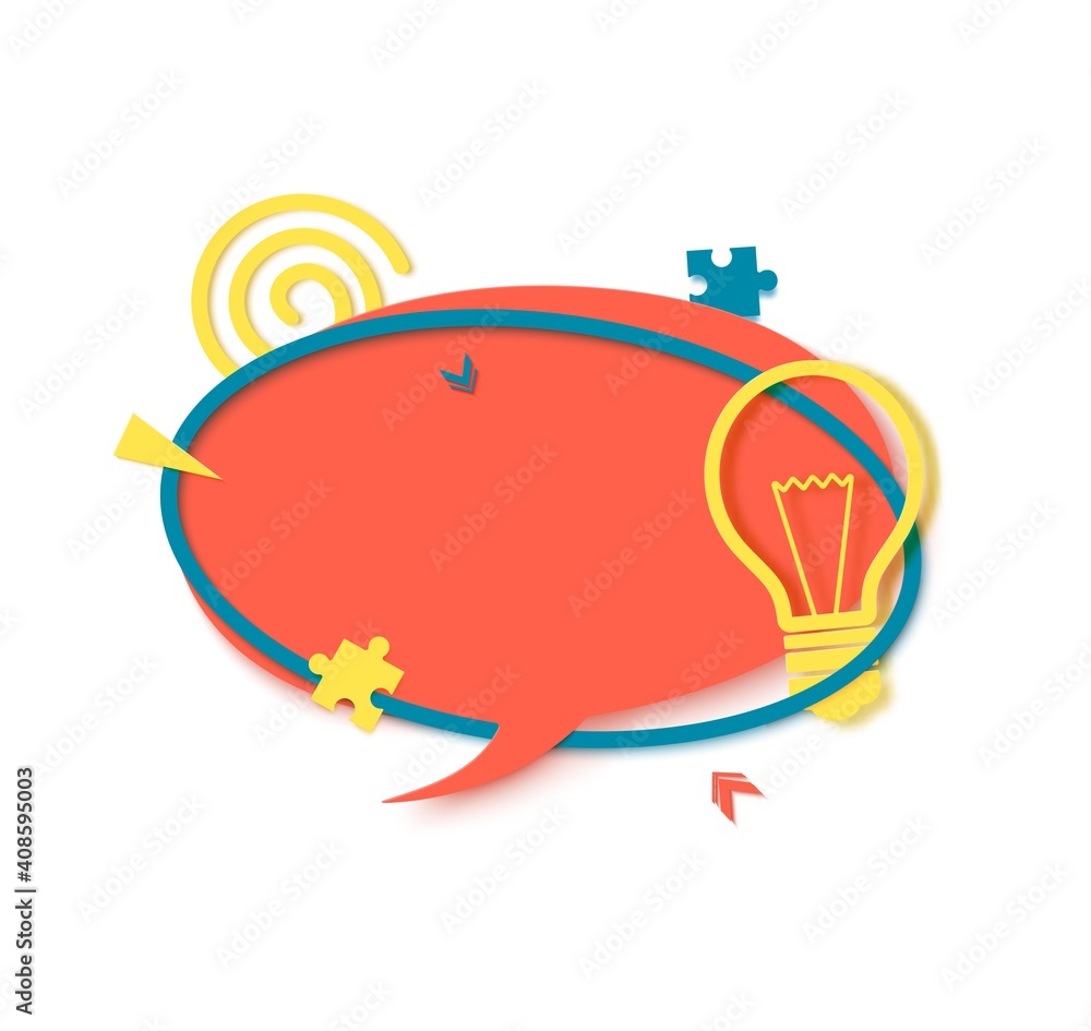 Fototapeta premium Red speech bubble in paper cut art. Memphis style banner with bulb sign and puzzle shape. Red round sticker with place for promotion text, price tag, sale ad. Papercut badge. Vector card illustration