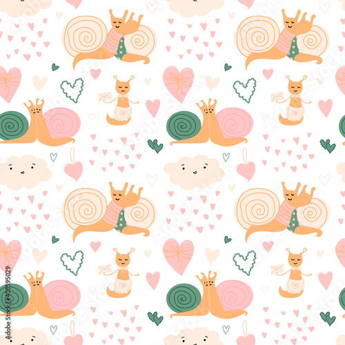 Vector Valentines background. Seamless pattern with Cute cloud with pink, green hearts, couple of snails. Cartoon illustration. Perfect for Valentine Day cards, invitation, flyers, poster