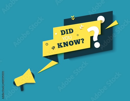 Did you know speech bubble and megaphone in paper cut style. Quiz yellow show sticker in memphis retro style. 80s 90s banner with question mark and geometric shapes. Vector card illustration.
