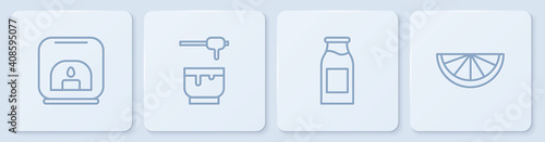 Set line Aroma lamp, Bottle with milk, Honey dipper stick and bowl and Citrus fruit. White square button. Vector.