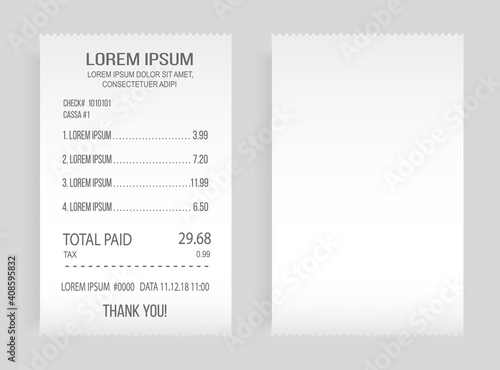 Payment check paper document. Buying financial invoice bill purchasing calculate pay vector isolated. Receipt the seller forms at the online checkout for transfer to the buyer or client, paper piece