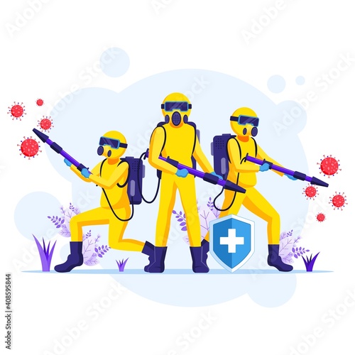 Disinfectant worker team in hazmat suits sprays cleaning and disinfecting covid-19 coronavirus cells illustration