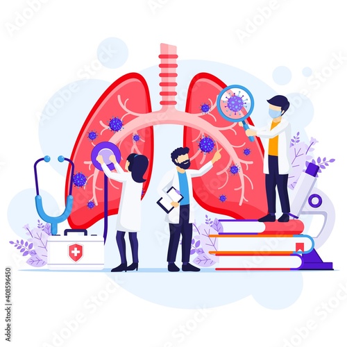 Pulmonology concept, doctors check human lungs for infections or problems by Covid-19 Corona virus illustration