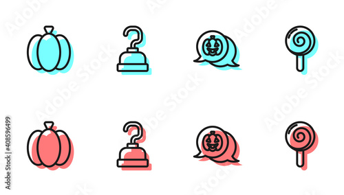 Set line Pumpkin, , Pirate hook and Lollipop icon. Vector.