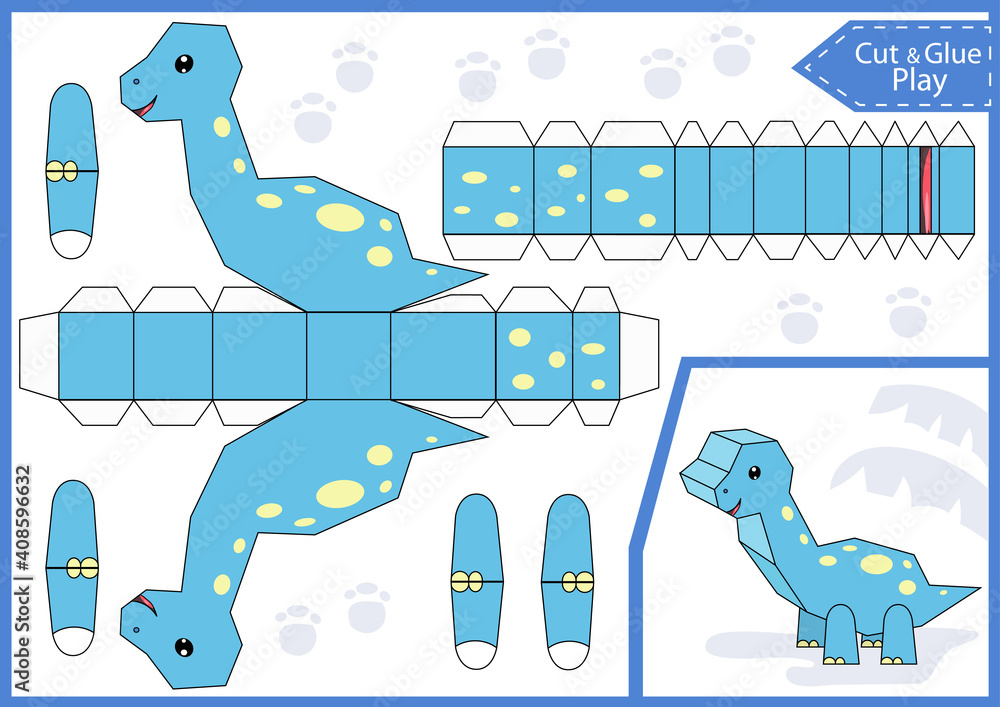 Cut and glue 3d paper dinosaur. Kids worksheet. Children art game. Kids  crafts activity page. Create toys yourself. Birthday decor. Vector  illustration. Stock Vector