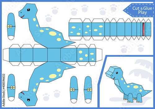 Cut and glue 3d paper dinosaur. Kids craft worksheet. Children game. Activity page. Dinosaur birthday party decoration. Vector illustration.