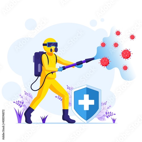 Disinfectant worker in hazmat suits sprays cleaning and disinfecting covid-19 coronavirus cells concept illustrattion