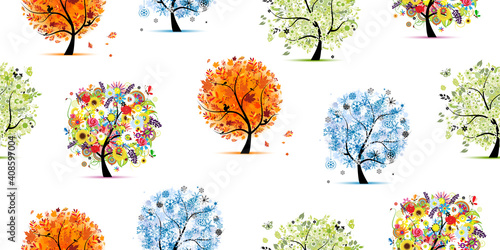 Four season trees- spring, summer, autumn, winter. Seamless Pattern for your ...
