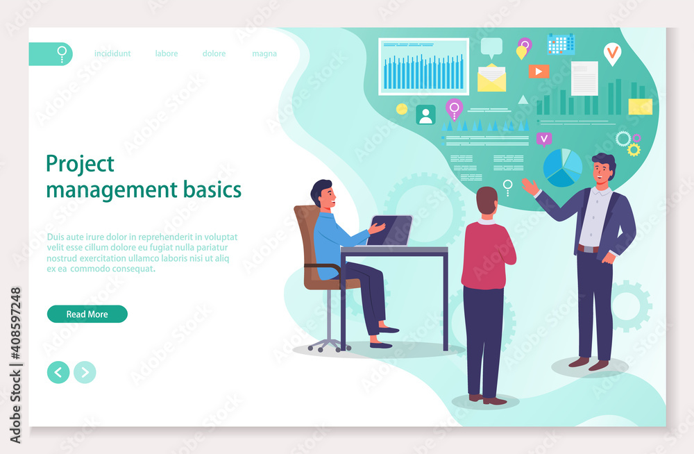 Teamwork, business meeting concept. Project management basics landing page template flat design. Business people teamwork, group of male managers are working on a business plan, developing a strategy