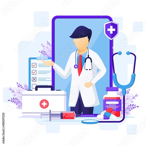 Online doctor concept, online medical health care assitance illustration