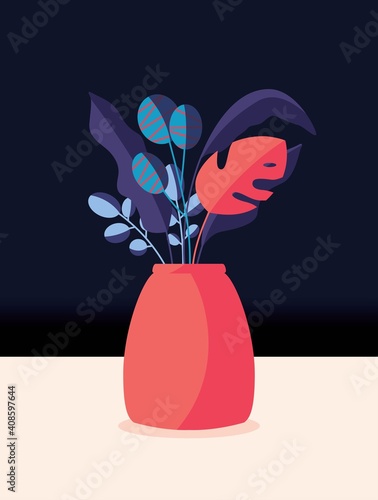 Colorful bouquet of spring flowers and branches in a vase. Stylish artistic vertical card illustration.